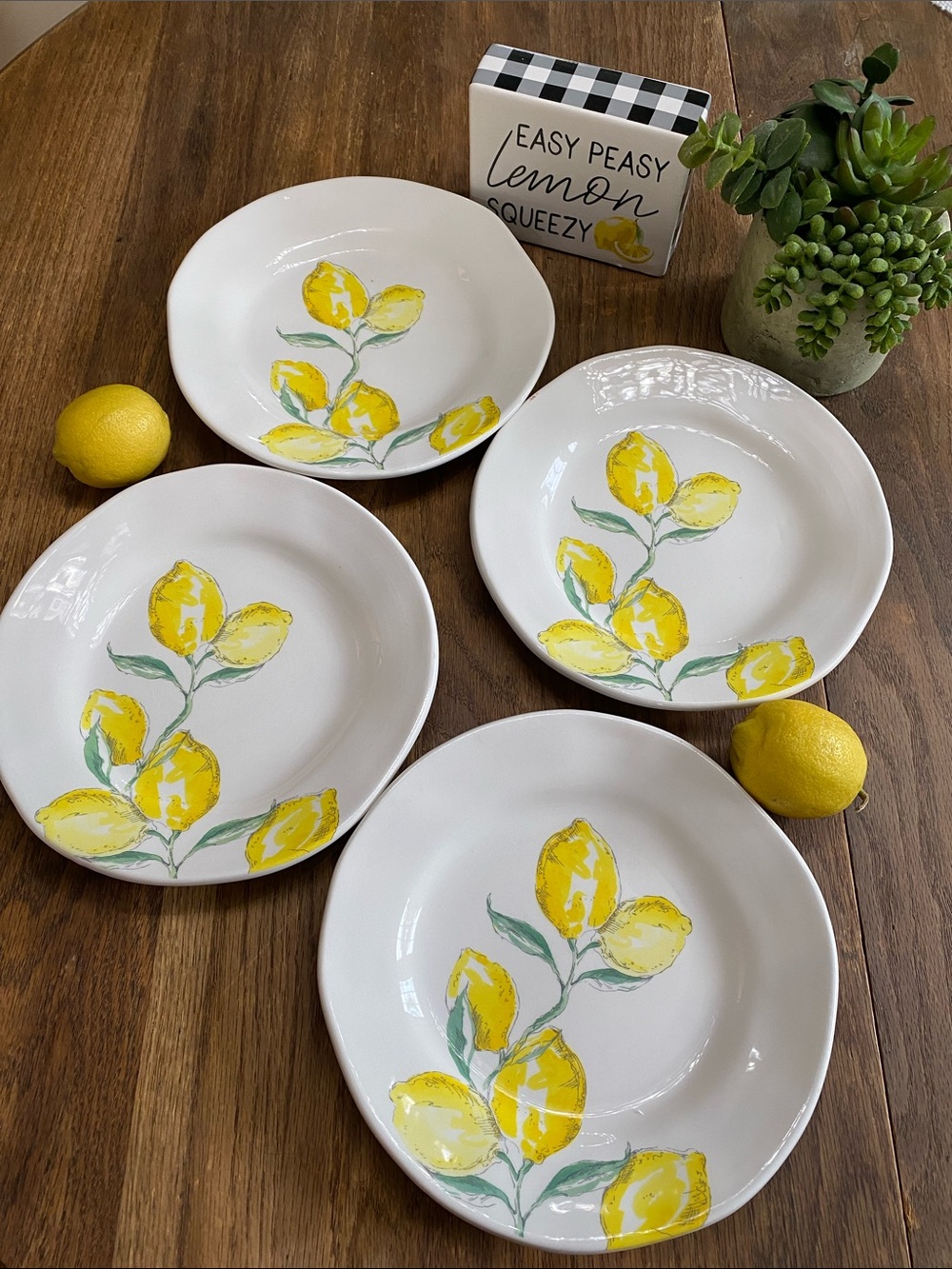 Ceramic Lemon Pattern Luncheon Plates - Set of 4. Made in Italy. Opificio Etico.
